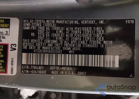 2011 Toyota Venza Base V6 из США, поврежденный, VIN 4T3ZK3BB4BU035902